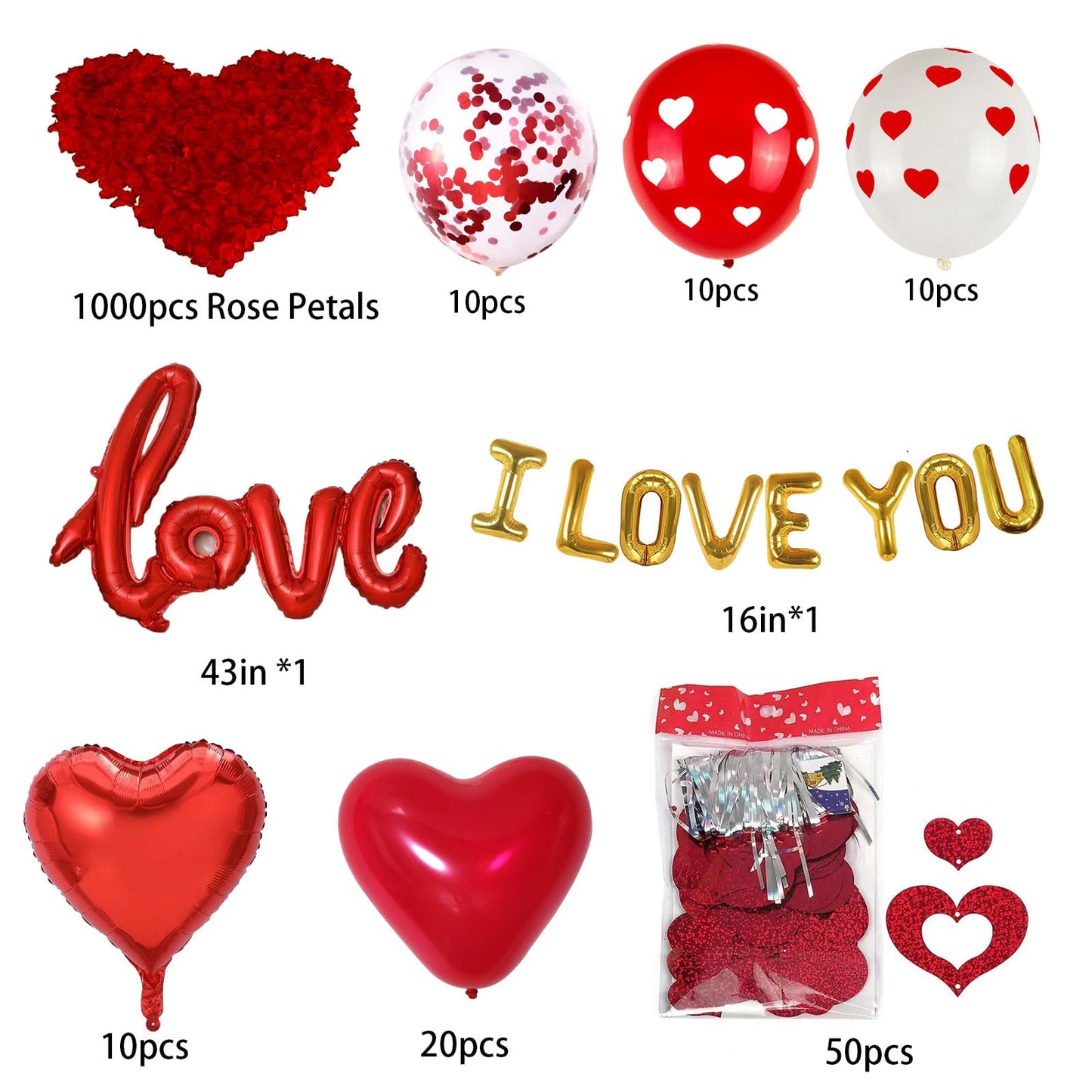 110PCS Valentines Day Balloons with 1000 Pcs Silk Rose Petals I Love You Balloons 50Pcs Heart Hanging and Heart Print Balloons