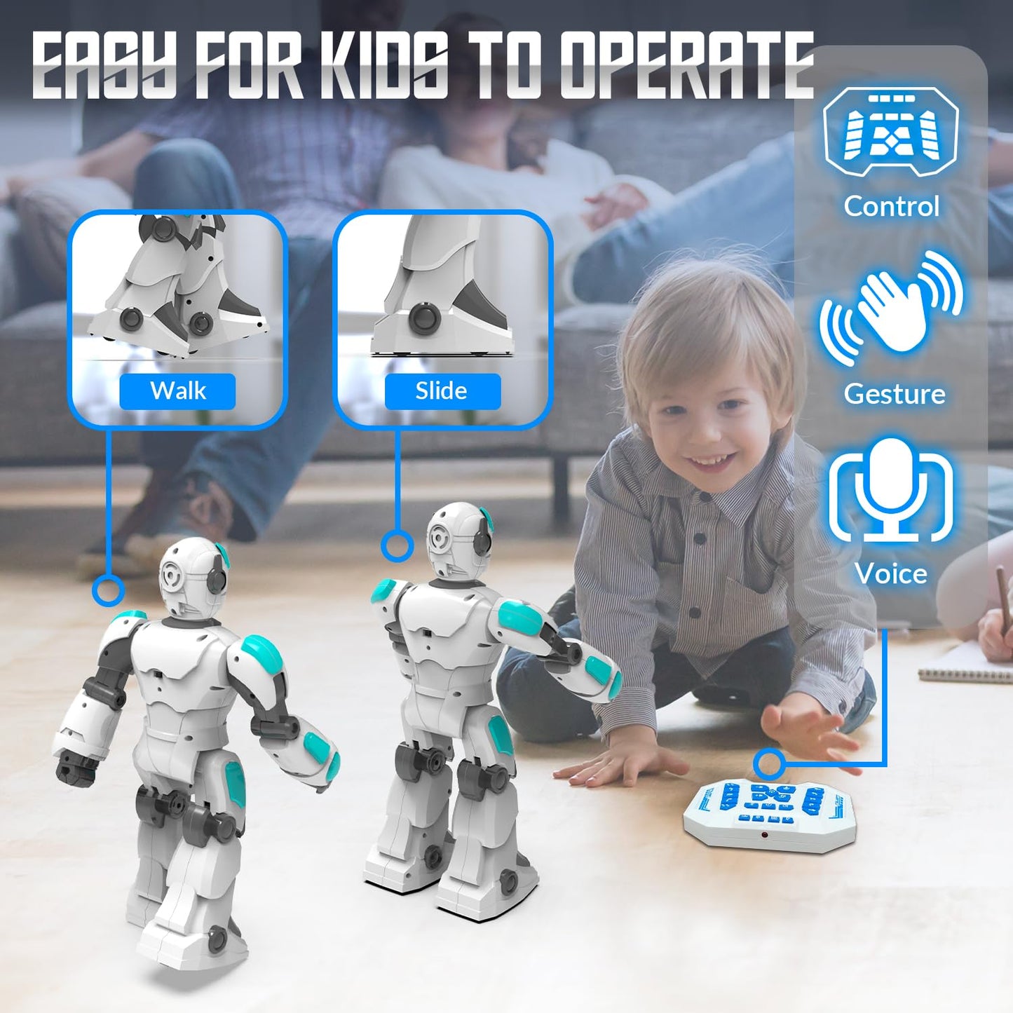 Stemtron Robot Toys For Kids, Programmable Remote Control Robot With Gesture Sensing, Voice Control & Led Face, 15 3/4'' (White)
