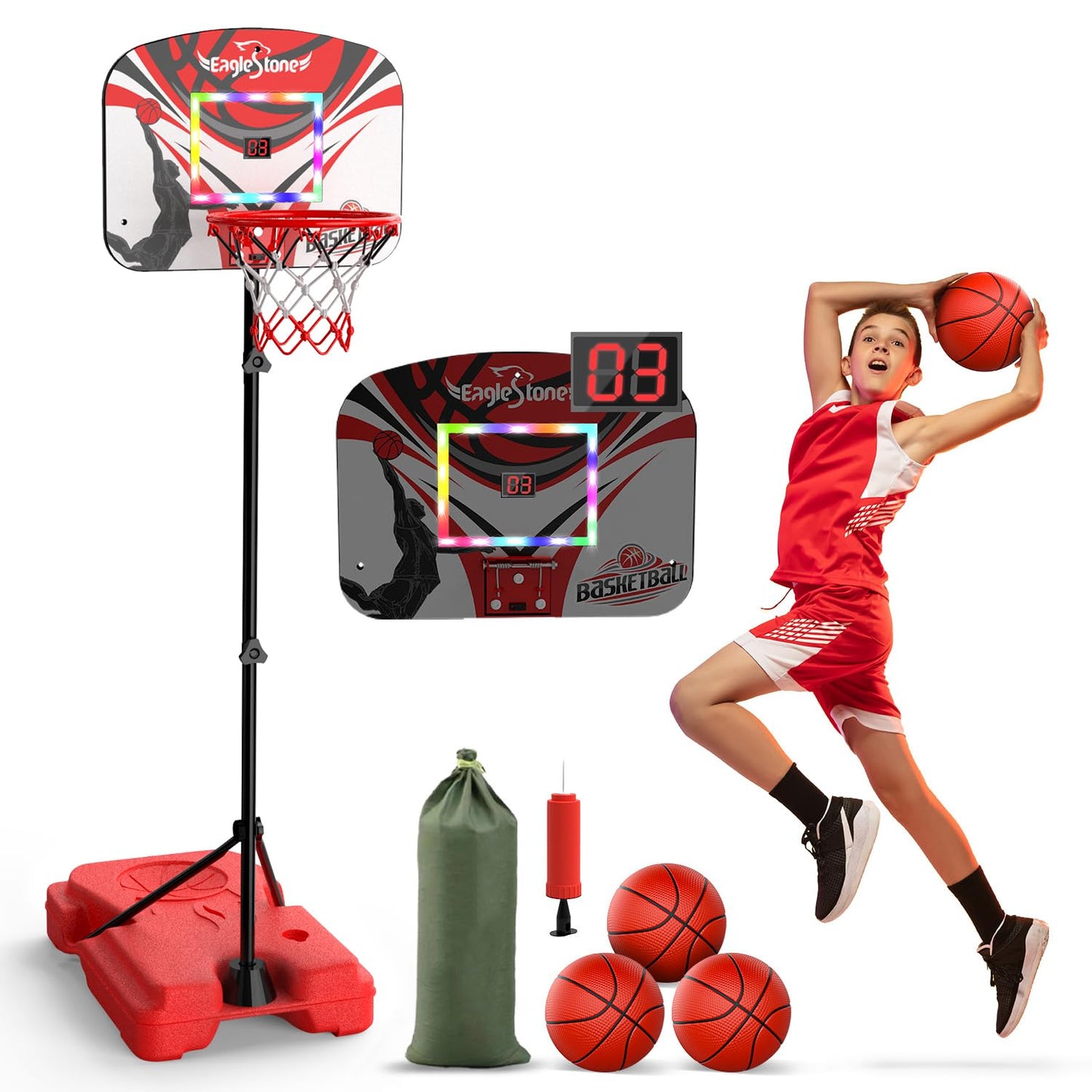Eaglestone Kid Basketball Hoop Outdoor, Toddler Basketball Hoop Indoor Adjustable Height 2.9Ft-6Ft With Led Lights,Scoreboard, Mini Hoop With 3 Balls,Outdoor Basketball Toys For Boys Kids Ages 4-8