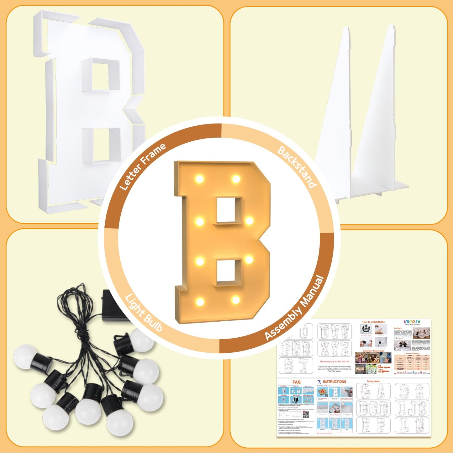 Imprsv Marquee Letter B, 3Ft Block Craft Kit For Party Decorations, Large Light Up Letters For Wedding, Baby Shower, Engagement