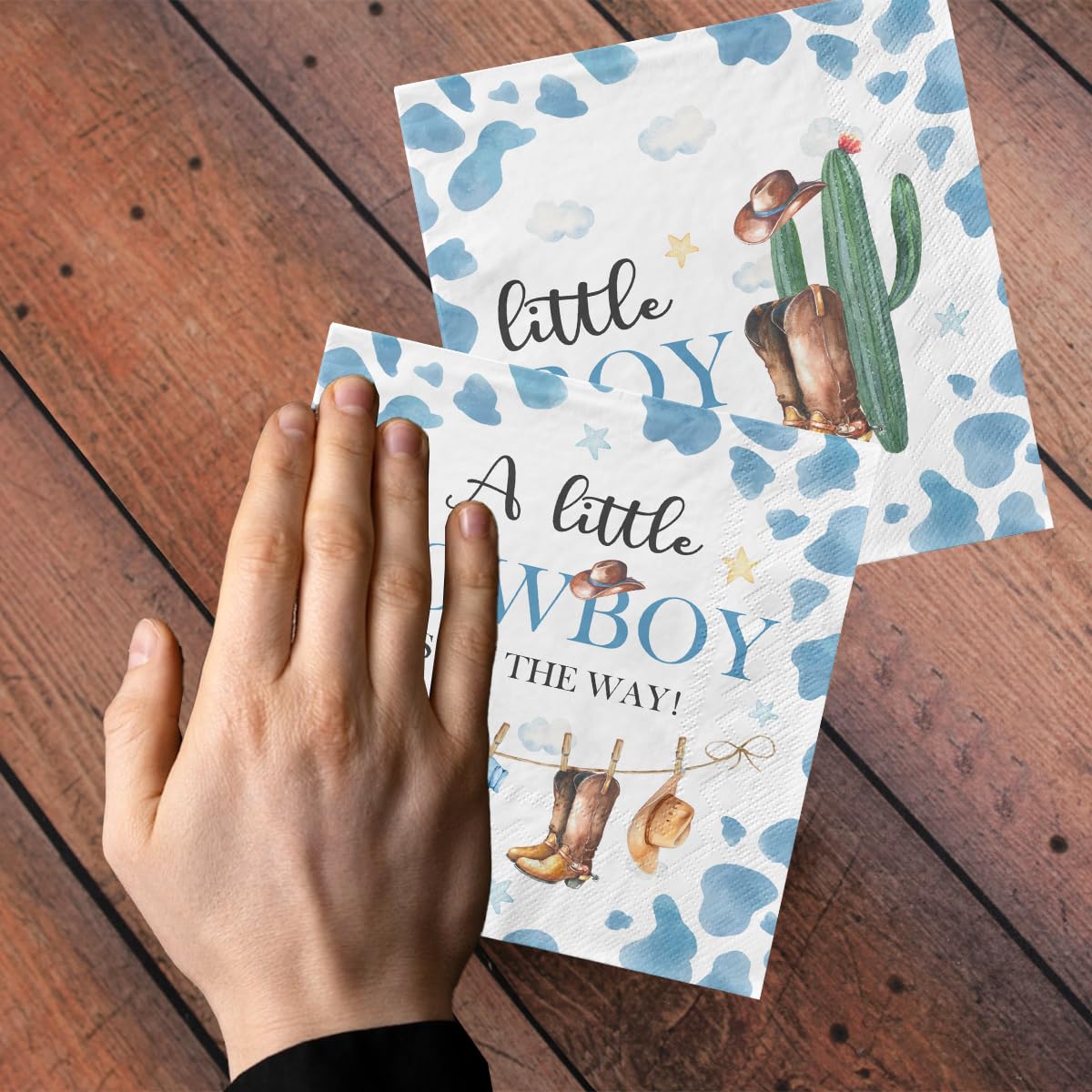 Cowboy Baby Shower Decorations-40Pcs Little Cowboy Baby Shower Napkins, Blue Disposable Little Cowboy Is On The Way Paper Napkin