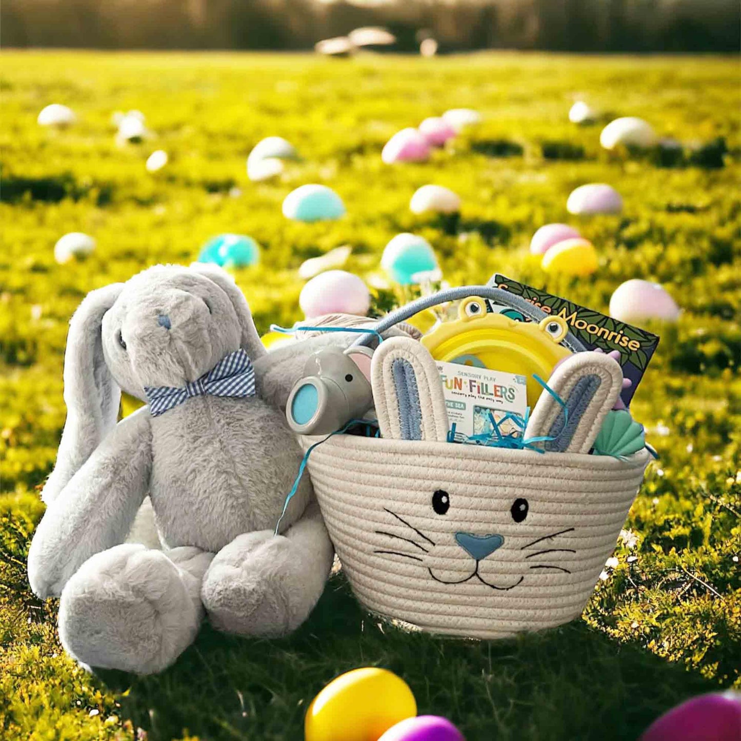 Dibsies Personalized Hoppity Floppity Bunny 18'' (Gray Bunny With Blue Bowtie)
