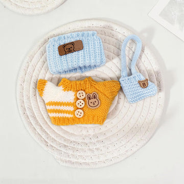 Clothes for 17cm Doll (NO Doll) Handcrafted Crochet Outfits for 17cm Dolls with Accessories Boy and Girl 6-Piece Clothes Set Cute Stylish Clothing with hat and Bag for Dolls Dress up (Yellow)