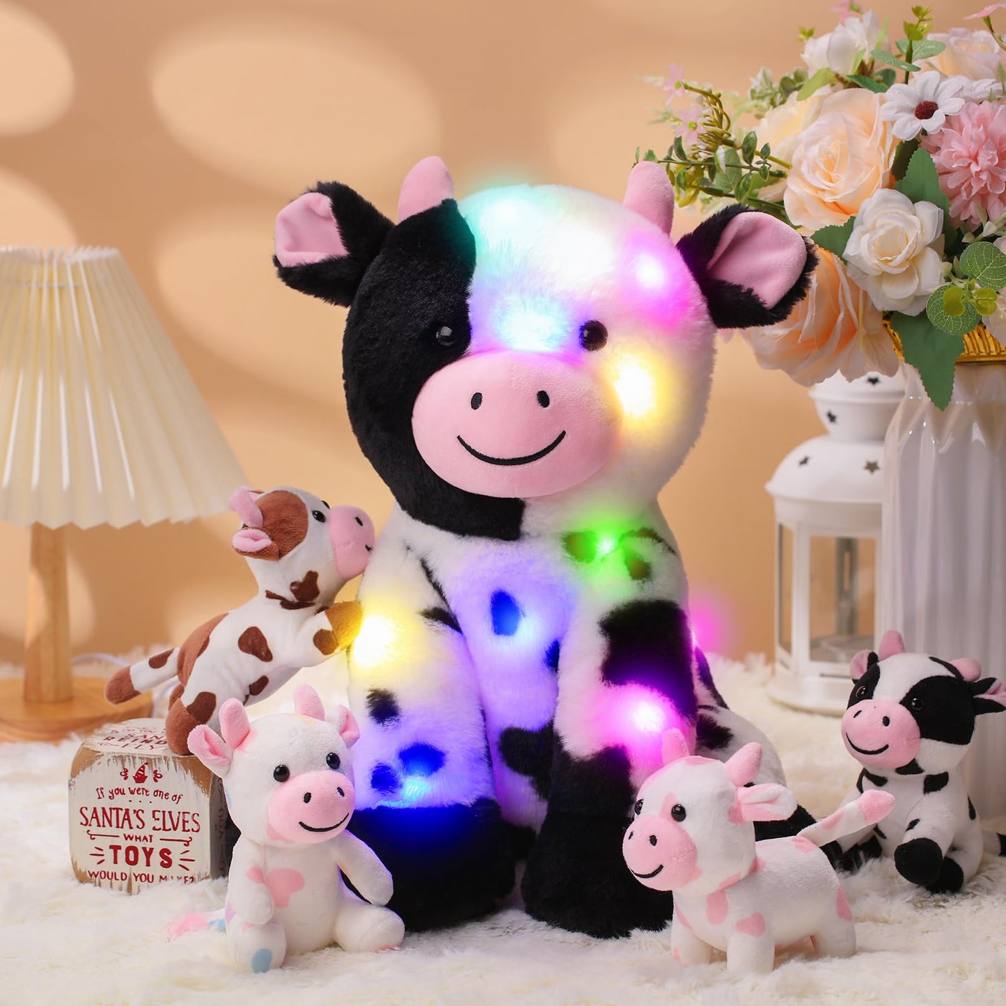 Sumind 5 Pcs Cow Plush Animals Set 13.78 Inch Mommy Cow Stuffed Animal With 4 Baby Cute Calf In Her Tummy Mommy And Small Plush For Baby Shower Boys Girls(Led)