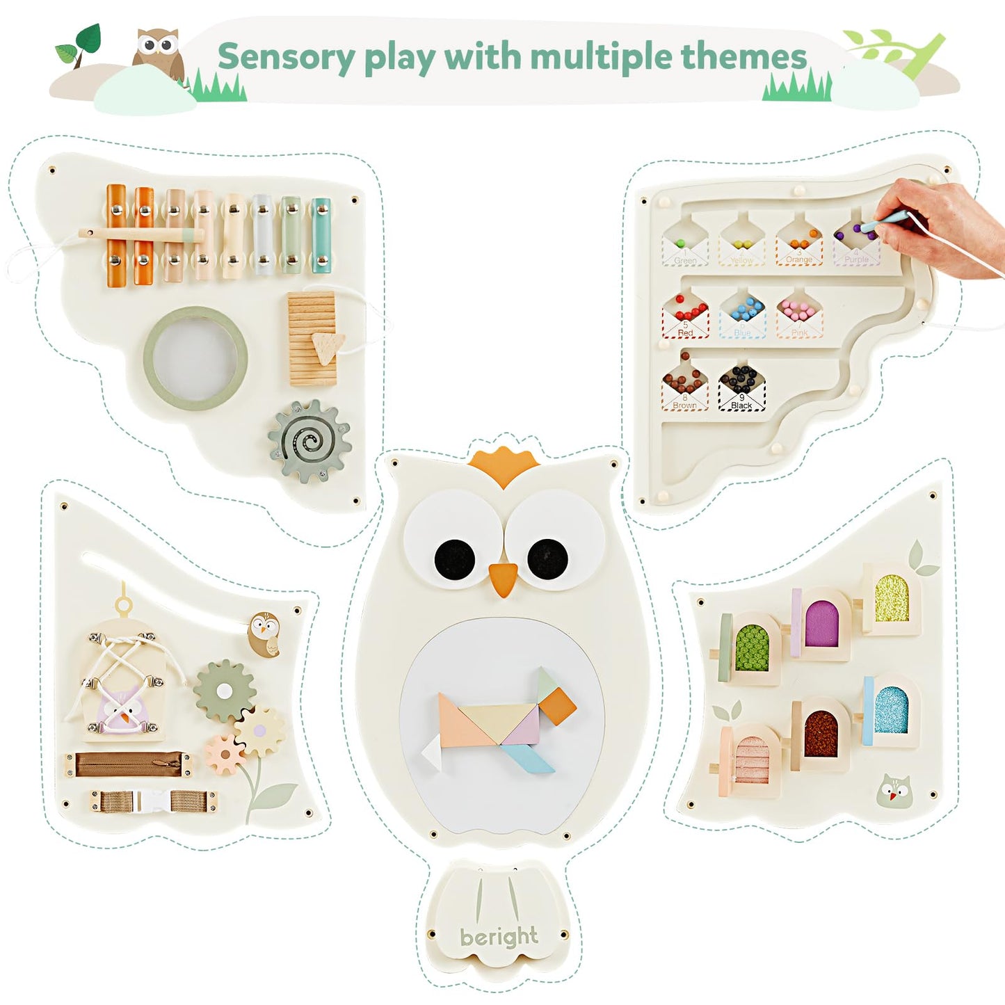 Beright Owl Activity Wall Busy Board Panels, Montessori Sensory Toys, Toddler Learning Activity Center, Perfect For Toddler Playroom & Children'S Daycare, White