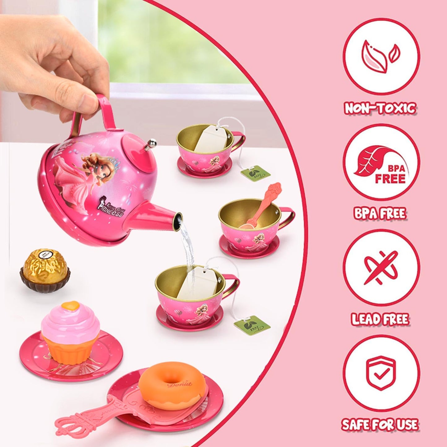 Lajeje 52 Pcs Tea Party Set for Little Girls, Pretend Tin Teapot Set, Princess Tea Time Play Kitchen Toy with Cups, Plates and A
