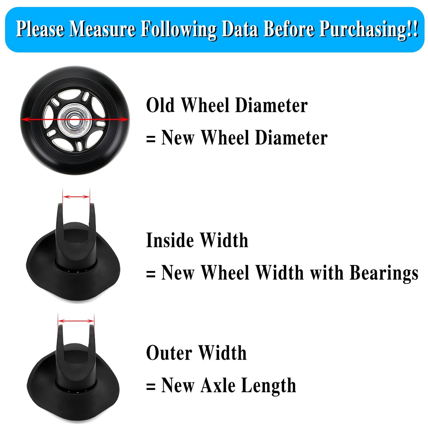 OwnMy Luggage Suitcase Replacement Wheels, 40mm x 18mm Rubber Swivel Caster, Black, Set of 4