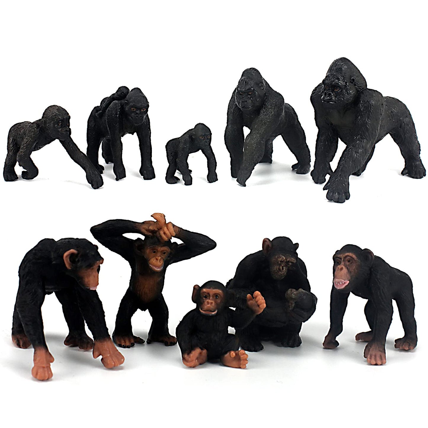 Funshowcase African Jungle Animals Toy Chimpanzees And Gorilla Figure Realistic Plastic Figurine Playset Lot 10-Piece