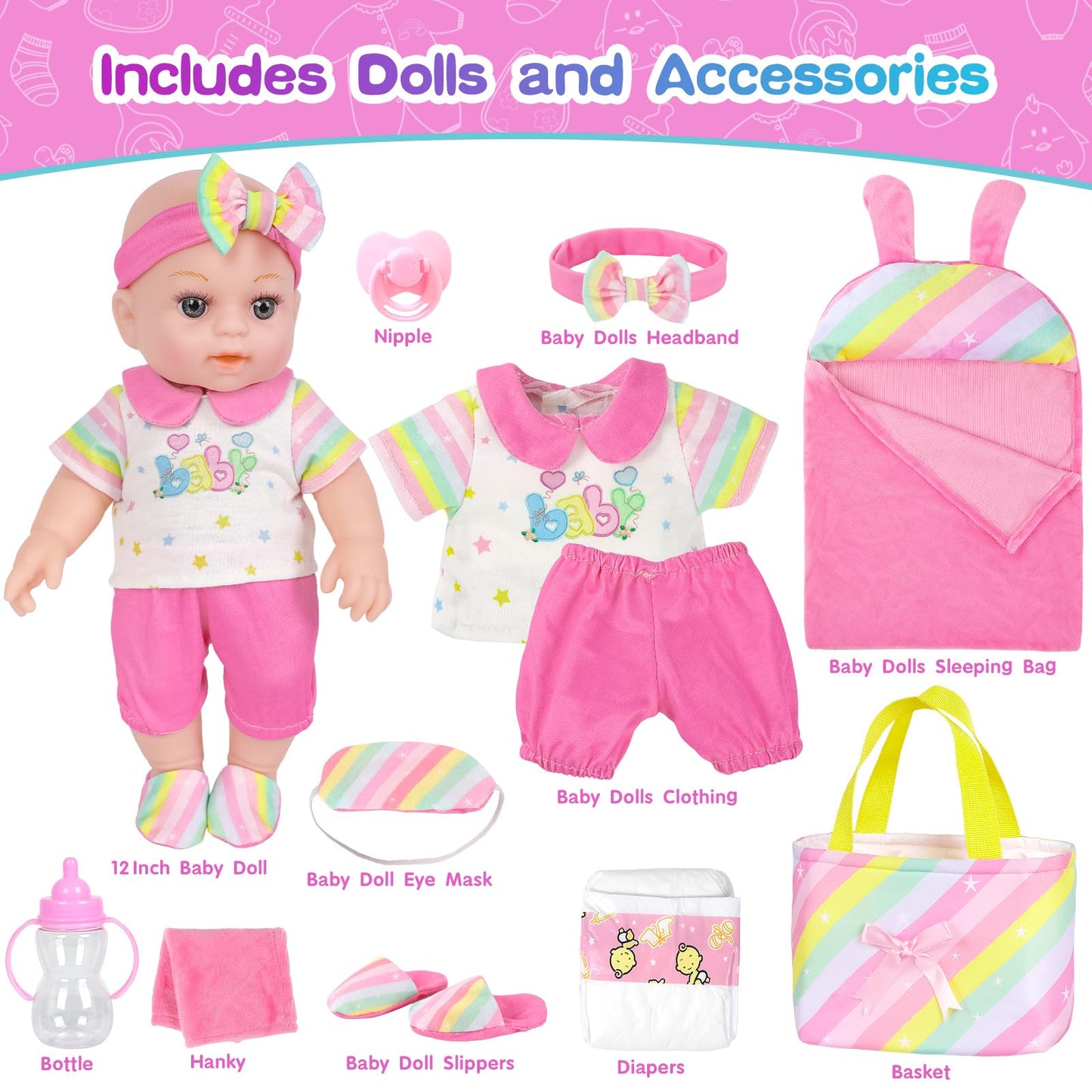 Zntwei 12 Inch Baby Doll Playset Sleeping Bag And Rainbow- Themed Doll Accessories, Dolls Toys For 3 Year Old Girls And Boys And