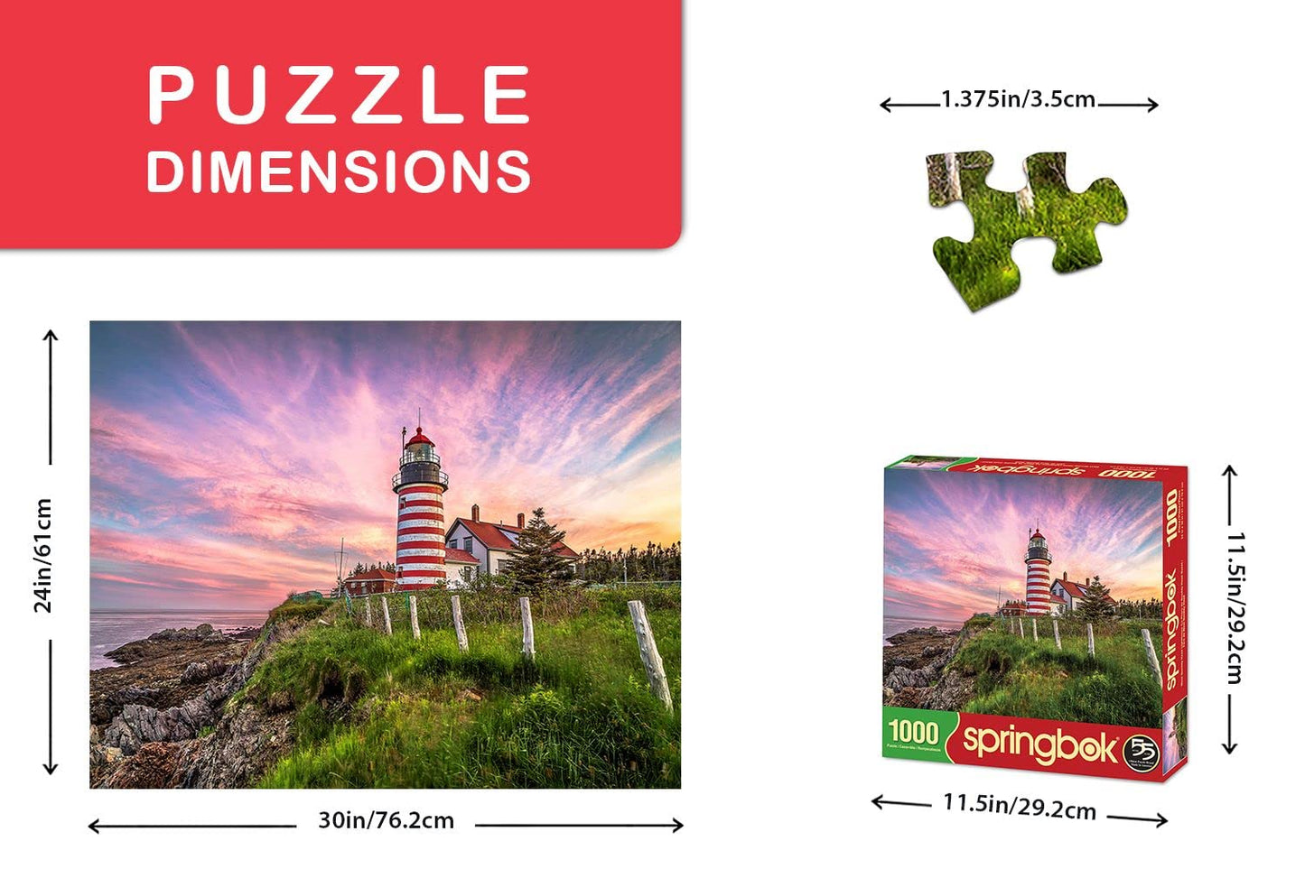 Springbok Puzzles - West Quoddy Head Lighthouse - 1000 Piece Jigsaw Puzzle - Large 30 Inches By 24 Inches Puzzle - Made In Usa - Unique Cut Interlocking Pieces