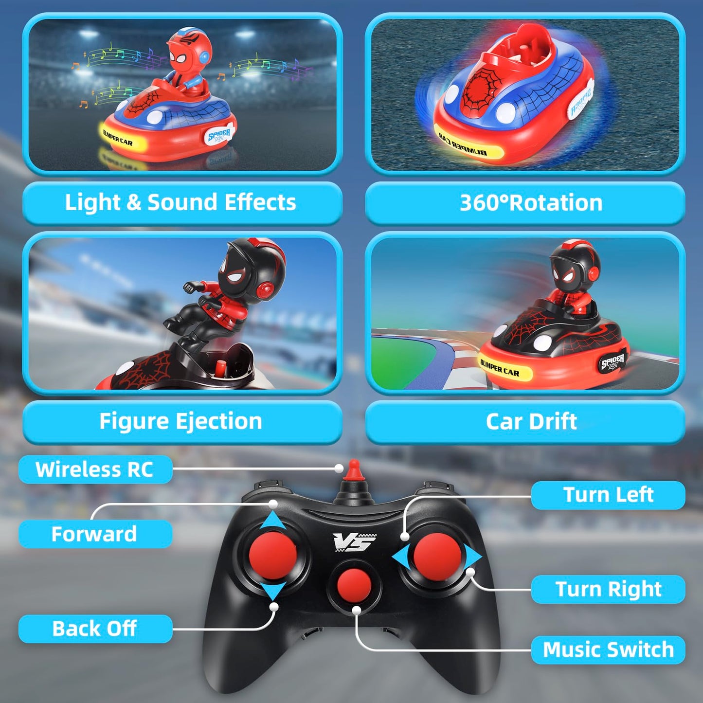 MEDMHSMA Spider Remote Control Bumper Car Set of 2, Mini RC Car with Light & Sound Effect 360 Rotating Spider Figures Bump and E
