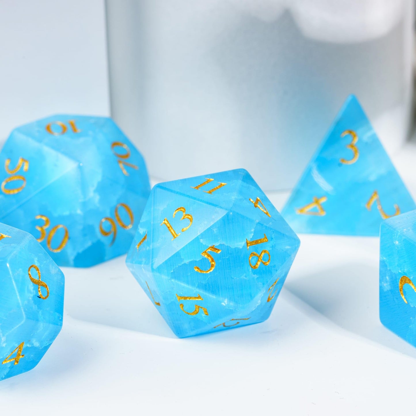 UDIXI Gemstone DND Dice Set, 7PCS Cracked Blue Cat's Eye Stone D&D Polyhedral Dice for Dungeons and Dragons Tabletop Games
