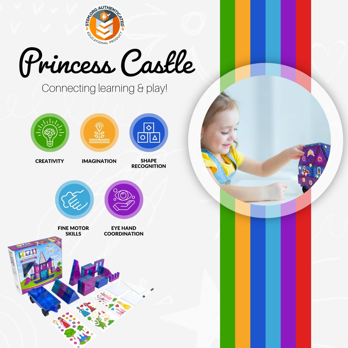 Tytan Tiles Princess Castle 60-Piece Magnetic Tiles Building Set, Adorable Kids’ Stem Toy, Creative Play, Shape & Pattern Recognition, Fine Motor Skills, Includes Storage Bag, Ages 3 And Up