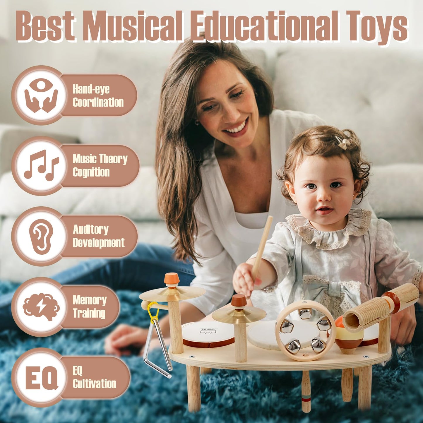 Drum Set For Toddlers 1-3, Wooden Musical Instruments Toys For 1 2 3 Year Old Boy Girls Gifts, Montessori Toys For Babies 12-18 Months, Toddler 1St Christmas Birthday Presents