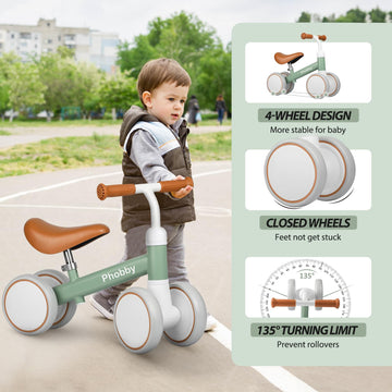 Phobby Baby Balance Bike, 4-Wheel Toddler Bike, Adjustable Seat, Green&Brown, Small, Model CP00223, Perfect for 1-3 Years Old