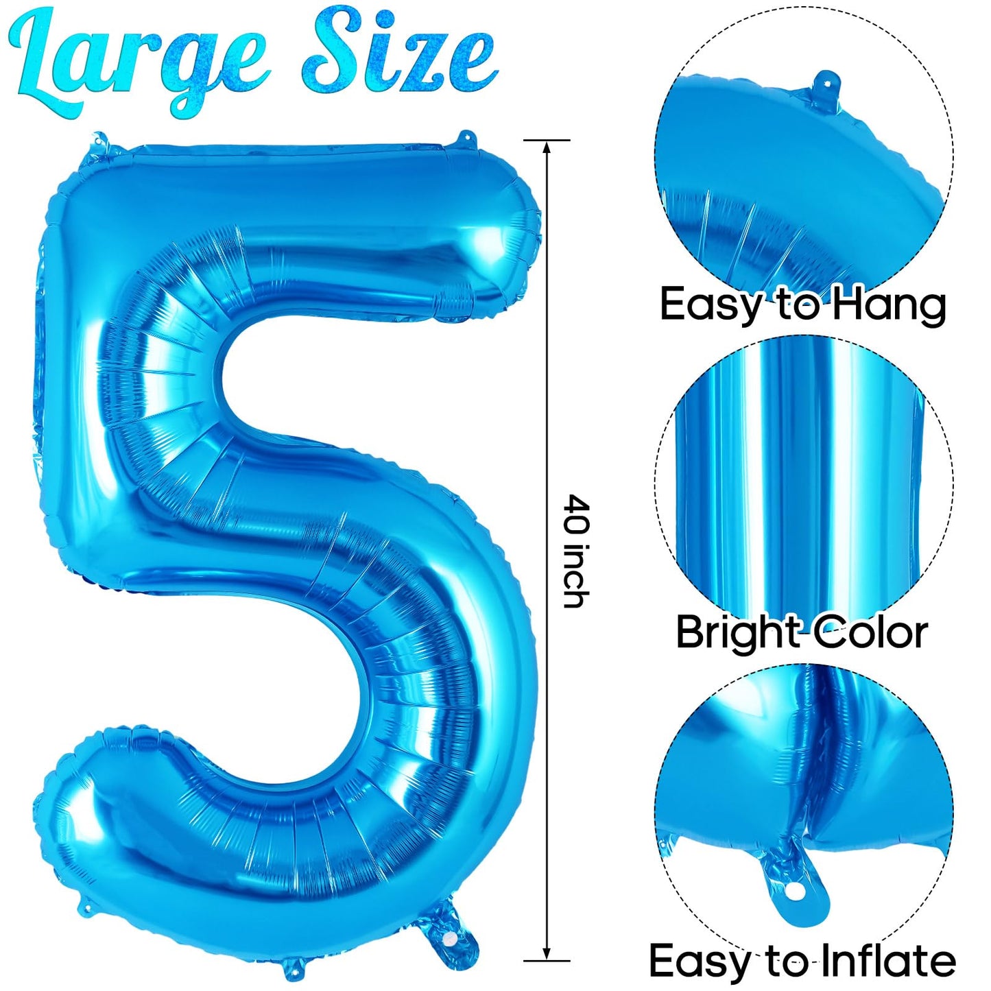 Blue Number 5 Balloon 40 Inch, Big Large Foil Helium Number Balloons, Jumbo Giant Mylar Number 5 Balloons For 5 Year Old Birthda
