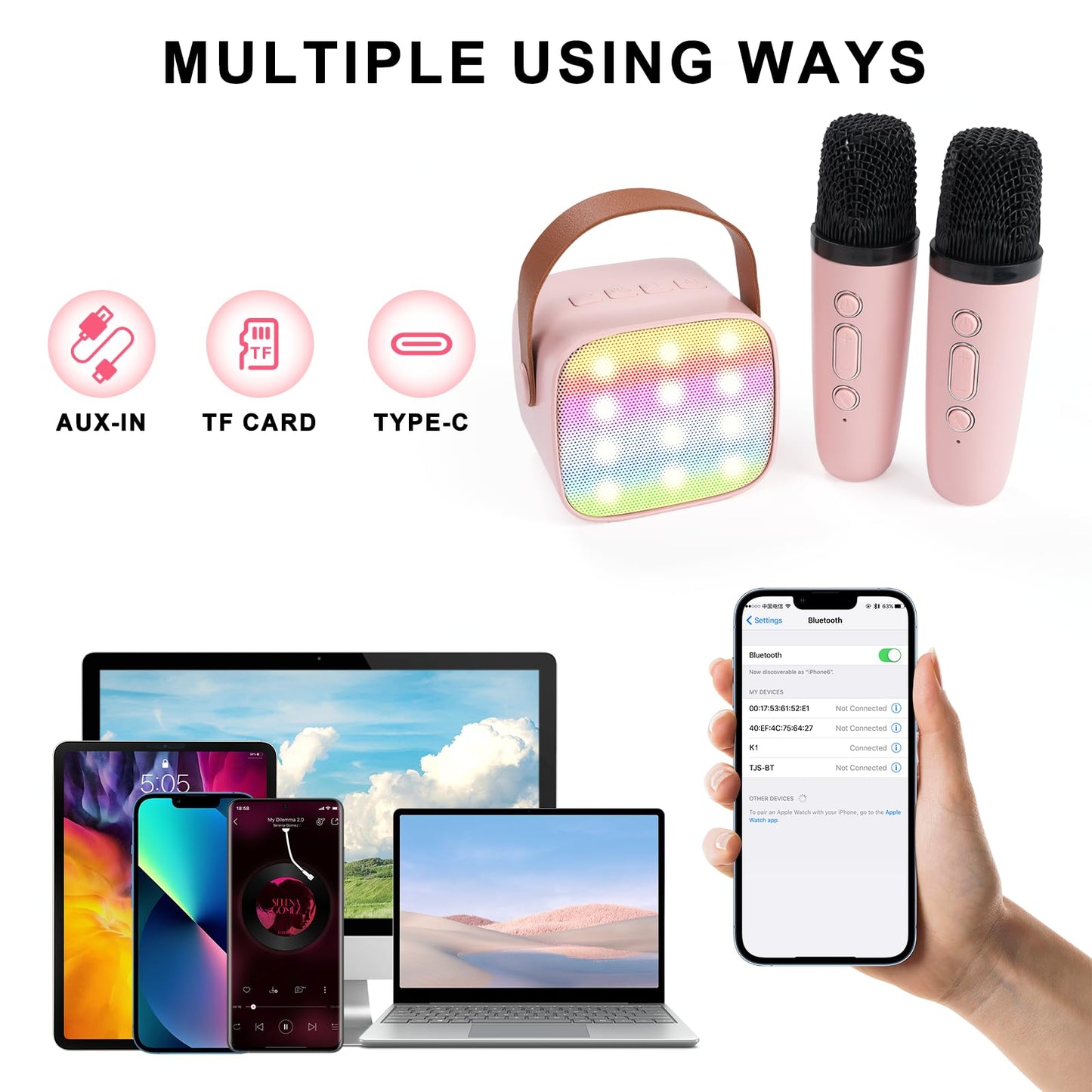 Kidsfaves Mini Karaoke Machine For Kids Adults,With 2 Wireless Microphones & Light- Bluetooth Portable Speaker Birthday Gifts Fo
