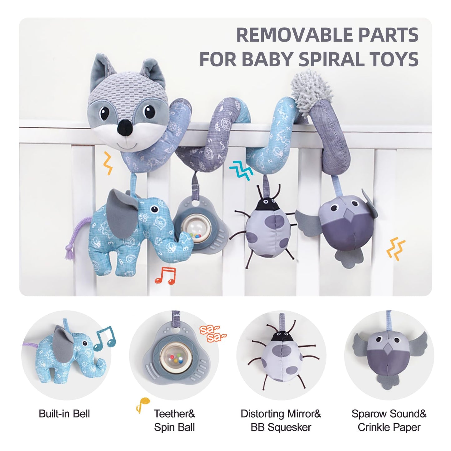Koty Car Seat Toys, Infant Baby Spiral Plush Activity Hanging Toy For Stroller Bar Pram Crib With Music Box Bb Squeaker & Rattles(Gray Fox)