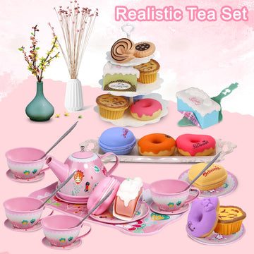 Tea Party Set for Little Girls,PRE-WORLD Princess Tea Time Toy Including Dessert,Cookies,Doughnut,Teapot Tray Cake, Tablecloth &