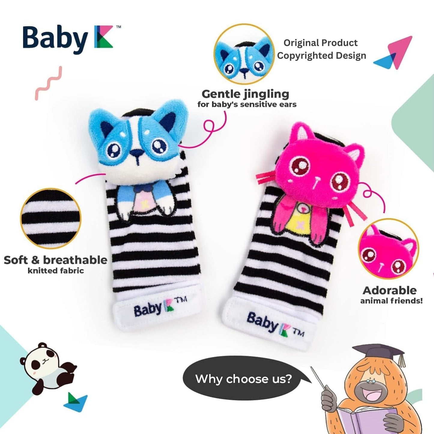 Baby K Baby Rattle Socks & Hand Rattle For Girls & Boys (Pet+Bird Set A) - Baby Toys 6-12 Months - Baby Wrist Rattles And Foot Rattles - Baby Toys For Newborns As Gift - Easy To Wear Baby Rattle Toys