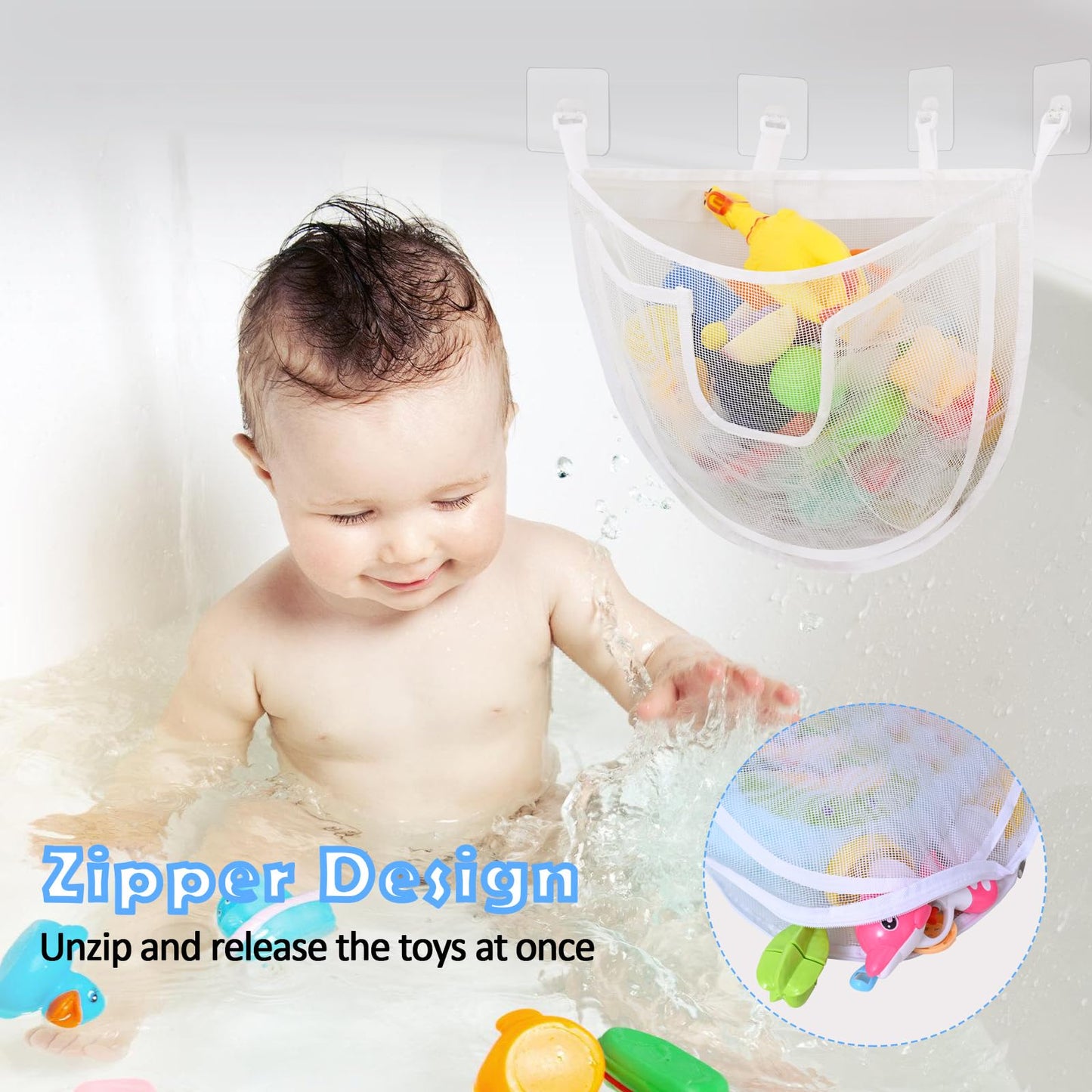 Docmon Bath Toy Storage, Large Capacity Bath Toy Holder With Buttom Zipper, Quick Release Bathtub Toy Storage With Large Pocket,