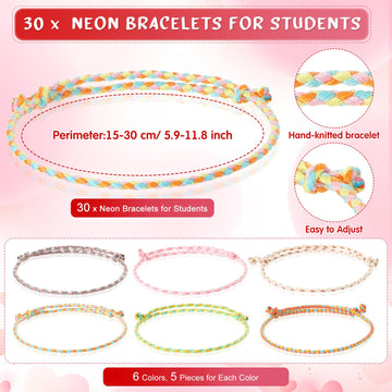 Riceshoot 60 Sets Valentine Gifts for Kids Classroom Neon Bracelets Rope Bracelets Valentines Day Gift Cards Our Class Will Knot