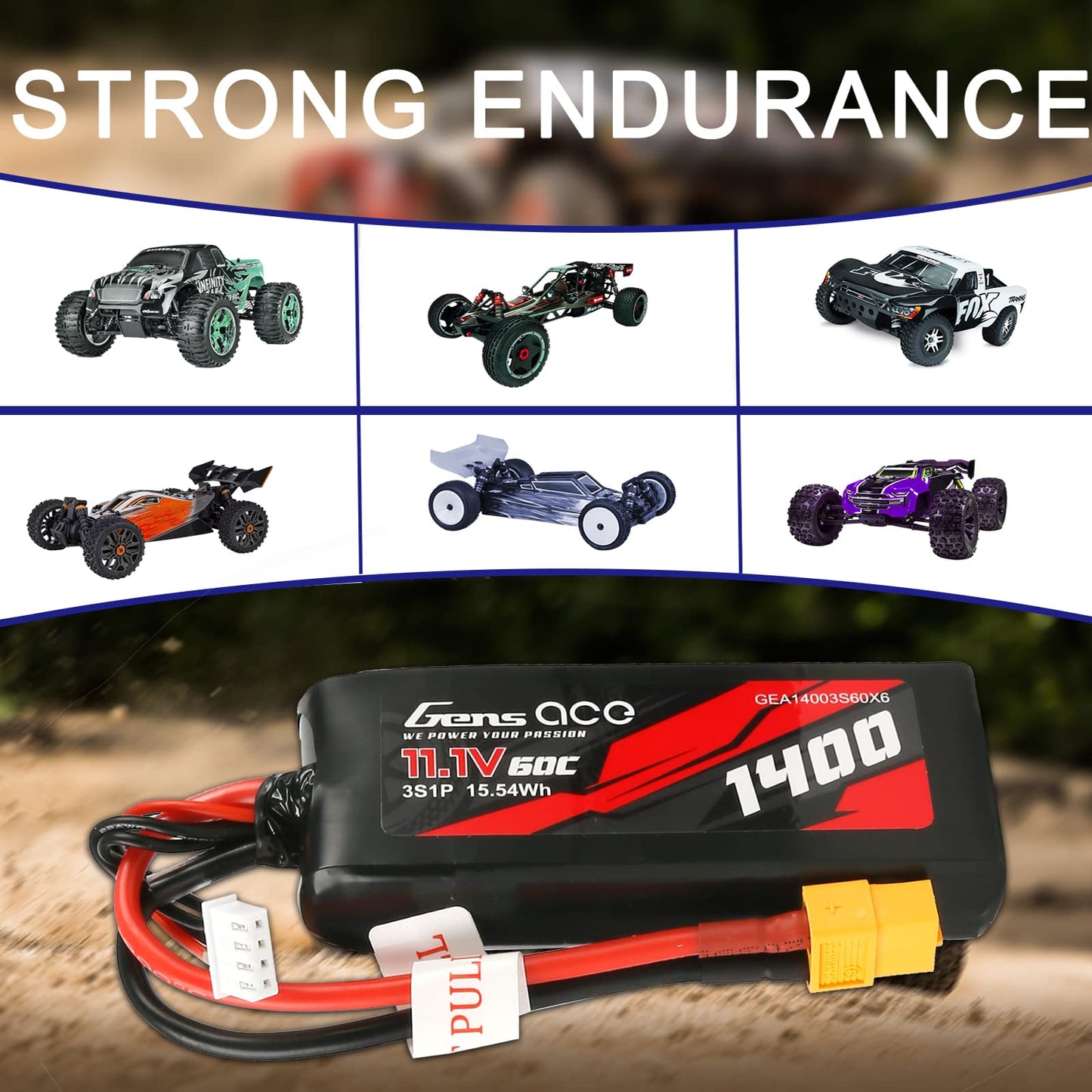 Gens ace 3S Lipo Battery 11.1V 1400mAh 60C Lipo Battery with XT60 Plug for 1/14 1/16 RC Cars