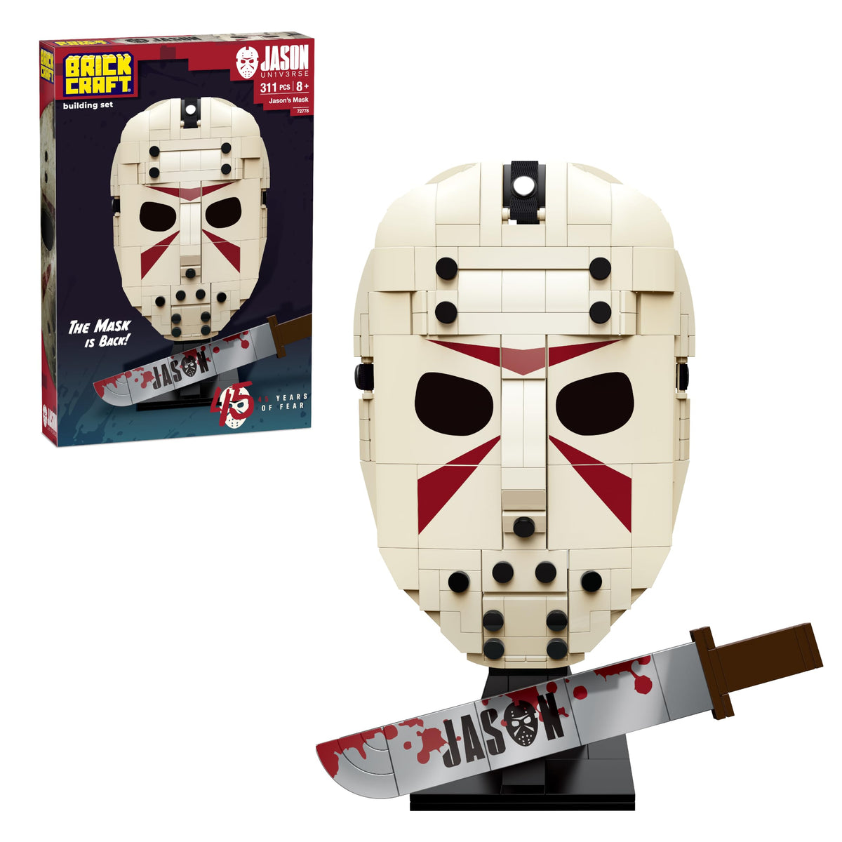 Brickcraft Jason Universe Hockey Mask Halloween Building Kit (311 Pieces), Officially Licensed Jason Collectible with Machete &