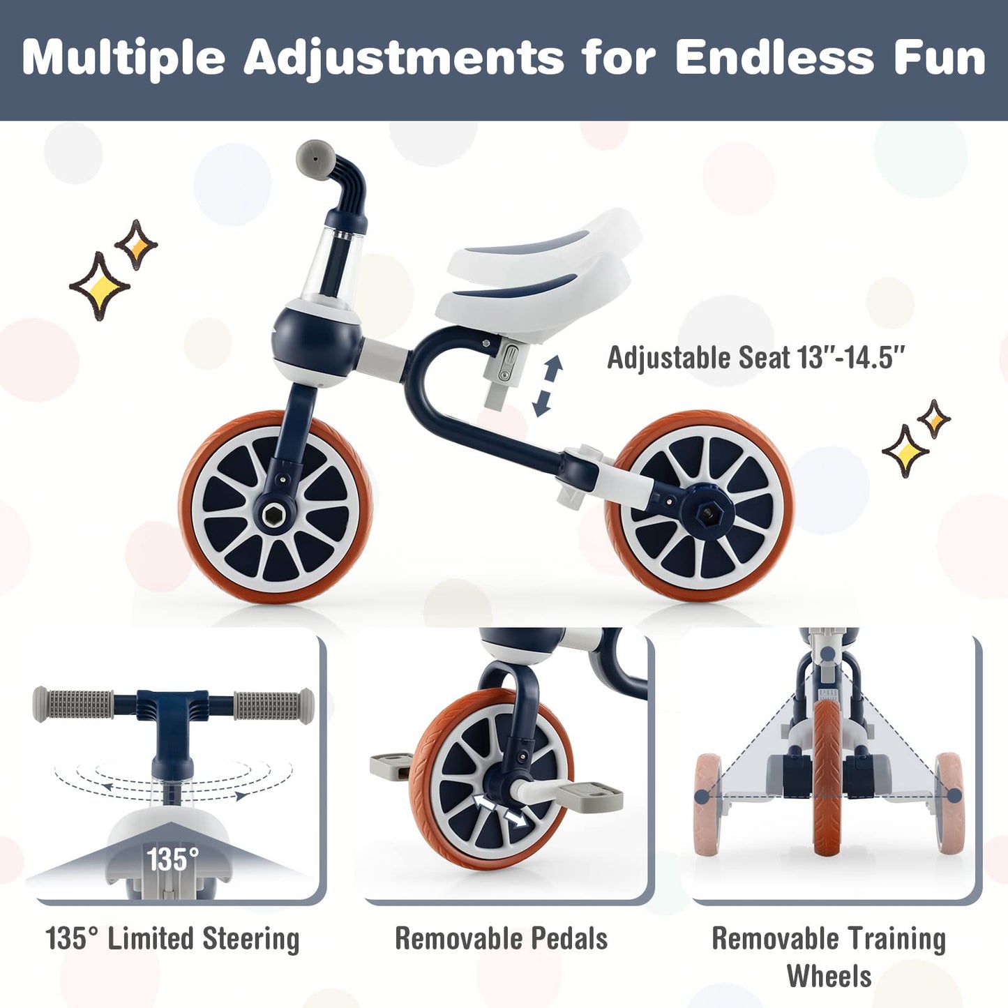 BABY JOY 4 in 1 Tricycle for Toddlers Age 2-4, Kids Trike Baby Balance Bike w/Adjustable Seat & Push Handle, Removable Pedals &