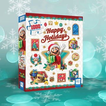 Super Mario Happy Holidays 1000 Piece Jigsaw Puzzle | Collectible Holiday Puzzle Featuring Mario, Princess Peach, Bowser, Yoshi,