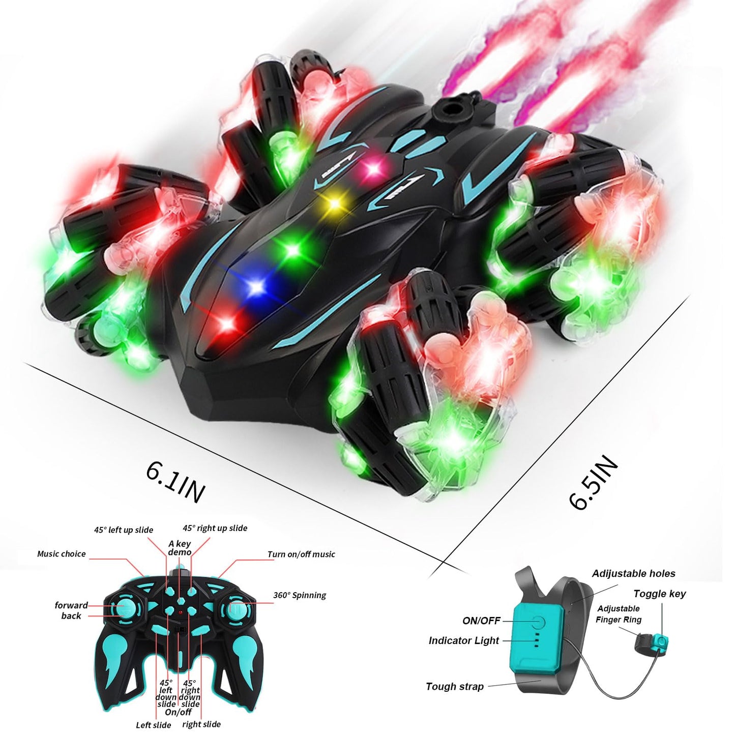 Zokugar Upgraded Gesture Sensing RC Stunt Car,360 Spins Double-Sided Hand Controlled RC Car Spray Watch Remote Control Car with