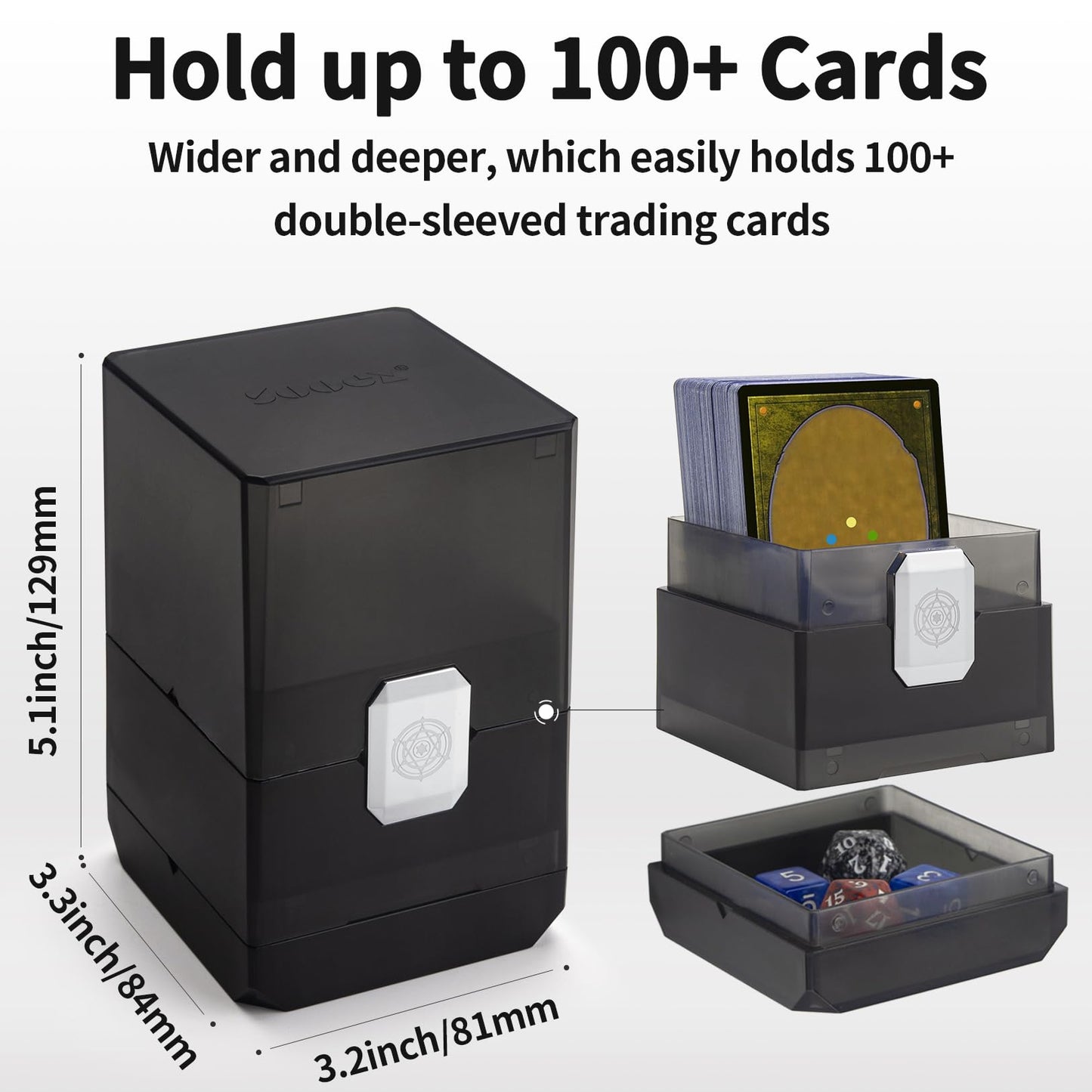 Sooez Heavy Duty Mtg Deck Card Box With Dice Storage, 100+ Deck Case Boulder, Perfect Deck Holder For Mtg Commander/Yugioh/Tcg And Sports Cards (Black)