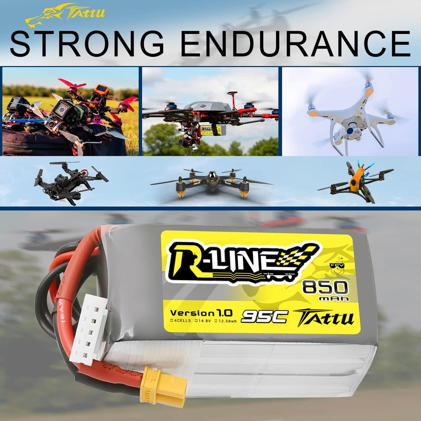 TATTU R-Line 850mAh 14.8V 95C 4S LiPo Battery Pack with XT30 Plug(2 Pcs)