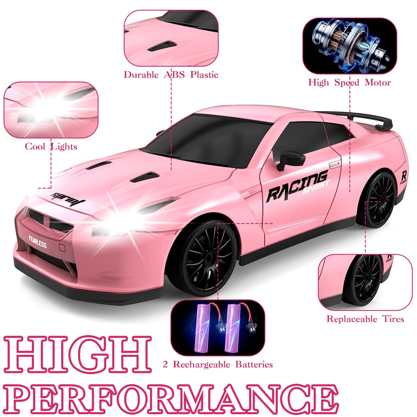 YUAN PLAN RC Drift Car, 1/24 Pink Remote Control Car for Girls, 2.4GHz 4WD Drifting RC Car with Light, High Speed RC Car Toy wit