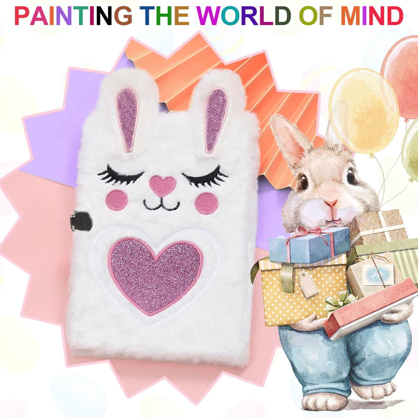 ParkistStar Furry Kid Diary, Rabbit Diary for Girls with Lock, Plush Pink Rabbit Notebook Set with Lock and Pen, Kids Journal No