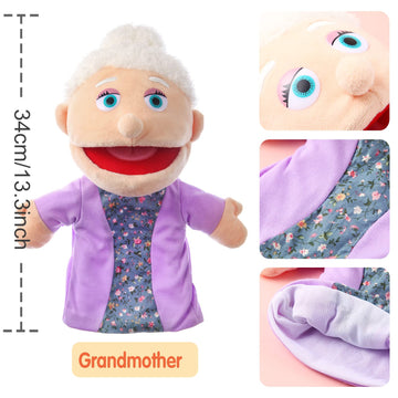 1 Pcs Family Hand Puppets 12 Inch Grandparents, Mom & Dad, Brother & Sister Plush Hand Puppet Toys Role-Play Toy Puppets For Kids Storytelling Imaginative Pretend Play Teaching Preschool(Grandmother)