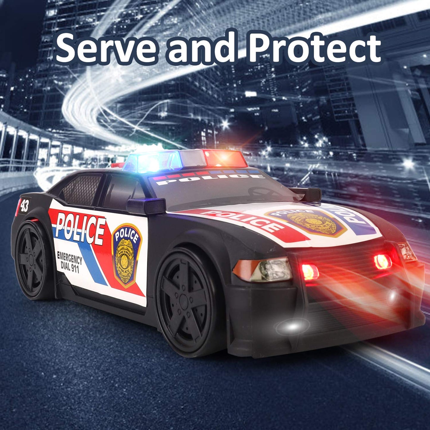 Liberty Imports Motorized Police Cruiser Kids Toy Cop Car Electric Model Rush & Rescue Vehicle 1/16 Scale with Button Activated