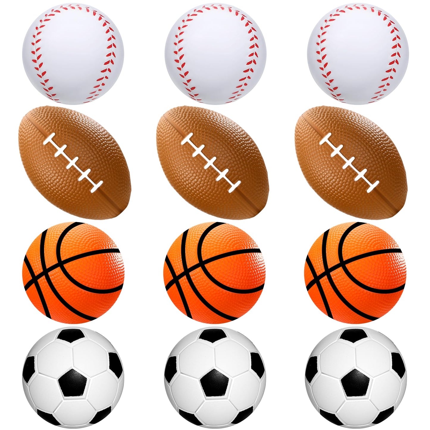 WELLVO Sports Stress Balls for Kids 12 Pack 2.5'' Footballs, Baseball, Soccer, Basketball, Sports Party Favors Foam Squishy Ball