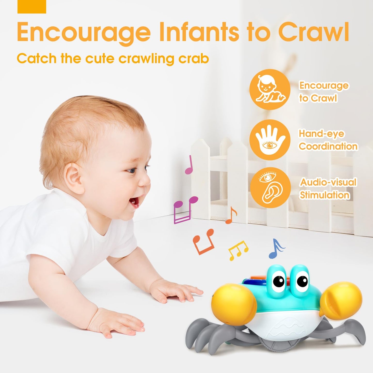 Musical Crawling Crab Baby Toy, Tummy Time Toy For 6-12 Month Boy Girl, Light-Up Walking Dancing Moving Crab Toy For 1 Year Old
