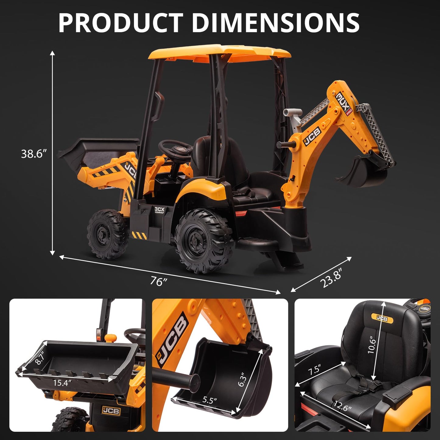 4 In 1 Ride On Excavator, 12V Licensed Jcb Excavator Ride On Toy With Remote Control, Front Loader, Horn And Eva Tires, 4 Transf