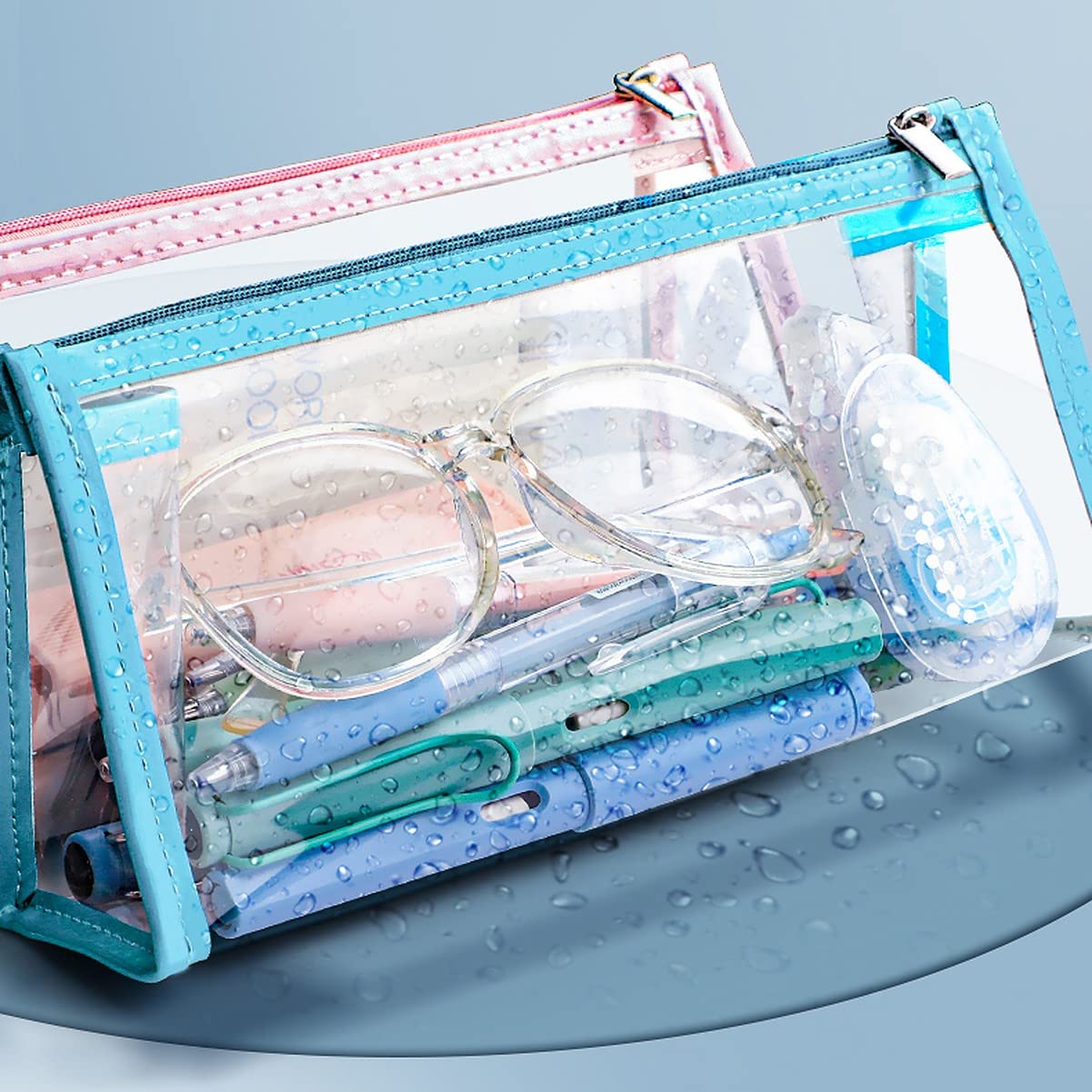 Wolpin Pvc Large Capacity Pencil Bag, Transparent Blue Pencil Pouch With Zipper Closure Portable Makeup Pouch, Case Cute Station