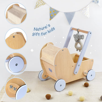 Pillowhale Wooden Baby Doll Pram Stroller,Wooden Baby Walker Push And Pull Doll Stroller,Baby Wooden Toy Stroller For Toddler Bo