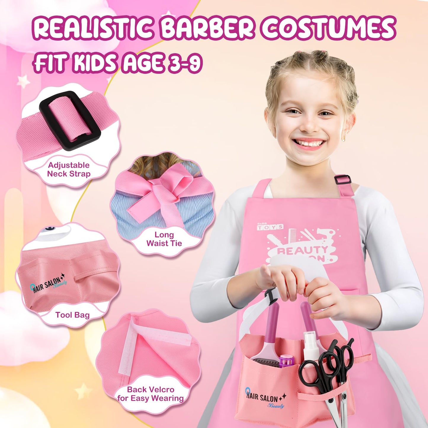 deAO Girls Beauty Salon Set, 32PCS Kids Beauty Salon Toy Kit,Pretend Play Hair Stylist Toy Kit with Hairdryer, Barber Costume Ap