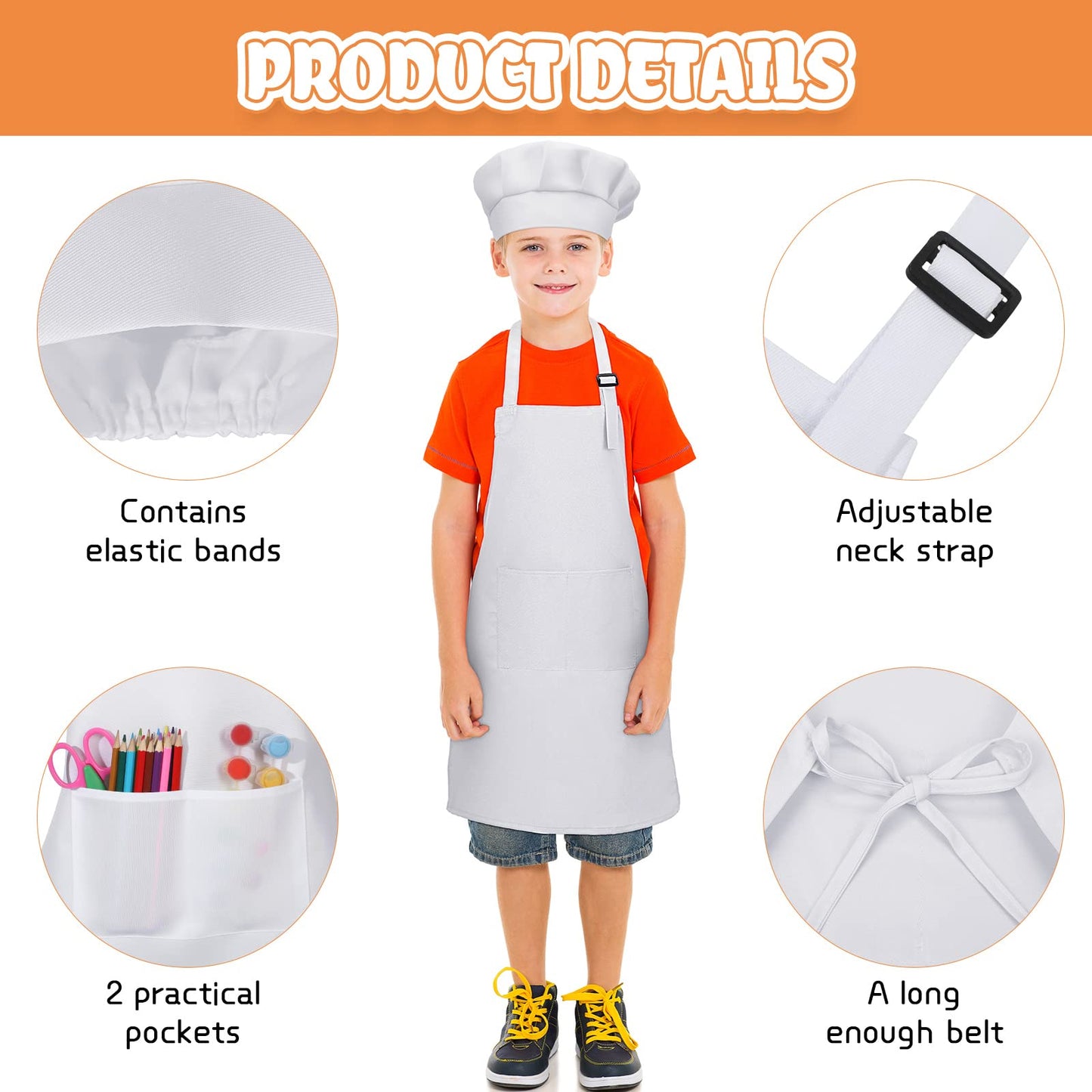 40 Pcs Kids Apron Chef Hat Set Boys Girls Aprons Chef Apron Hats Bulk for Cooking Painting Children's Bib Apron 7-13 Years (Whit