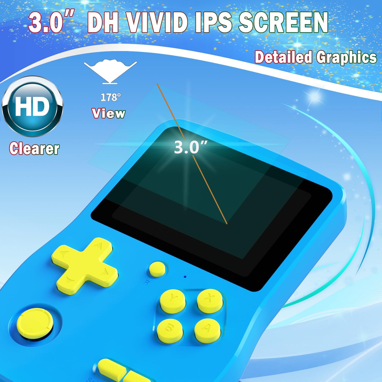 Great Boy 32 Bit Handheld Games Toys For Kids With 139 Video Games Boys Girls Children'S 3.0 Inches Ips Screen Rechargeable Gaming Device Preschooler Party Easter Birthday Xmas Gift (Blue)