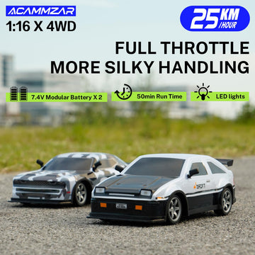 ACAMMZAR 1:16 RC Drift Car, 25KM/H 4WD High Speed Remote Control Cars for Kids, with LED Lights, Two Batteries, Extra Tires, Dri