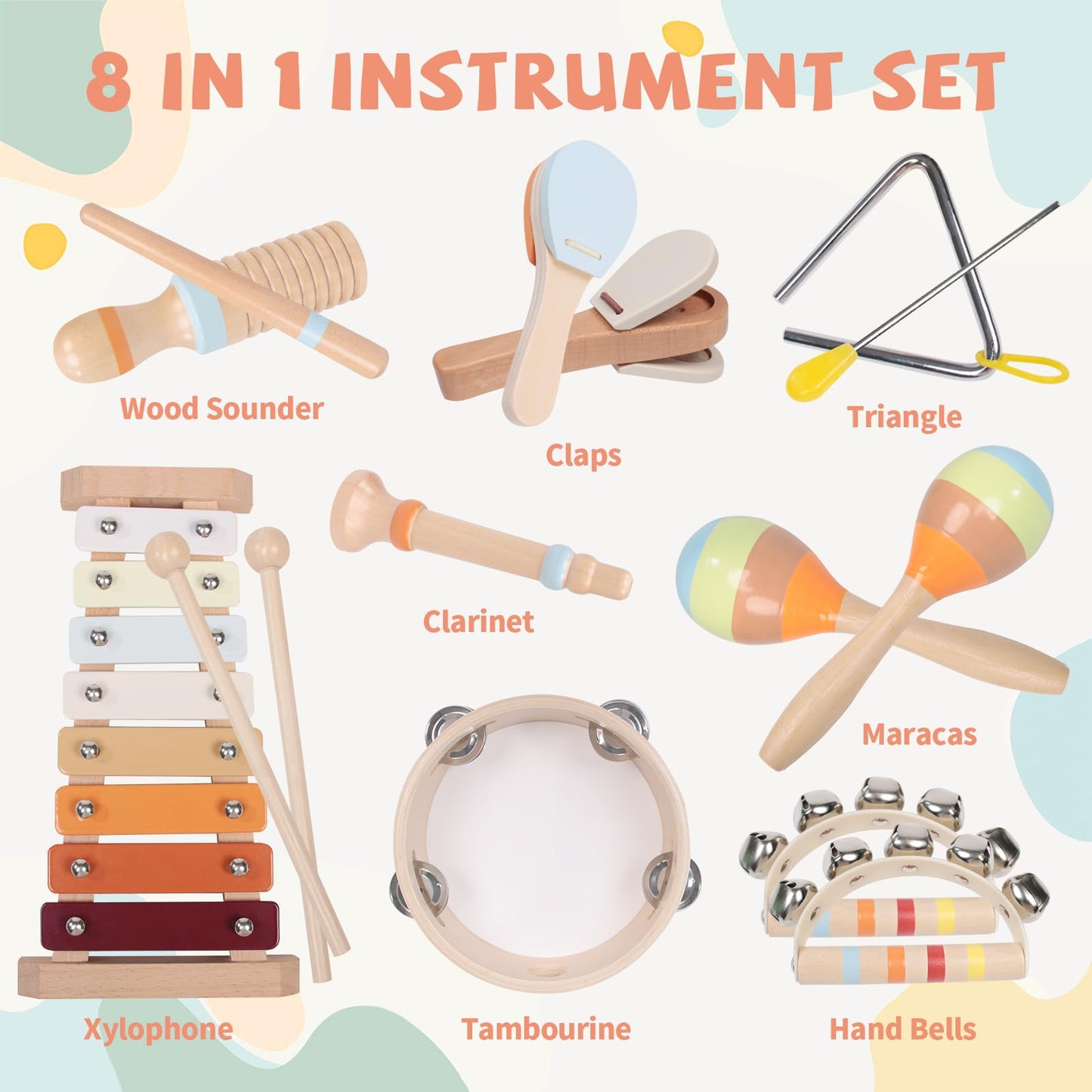 Toddler Musical Instruments Set - Montessori Toys Wooden Percussion Baby Drum Xylophone Maracas Set, Sensory Toys For 18 Month O