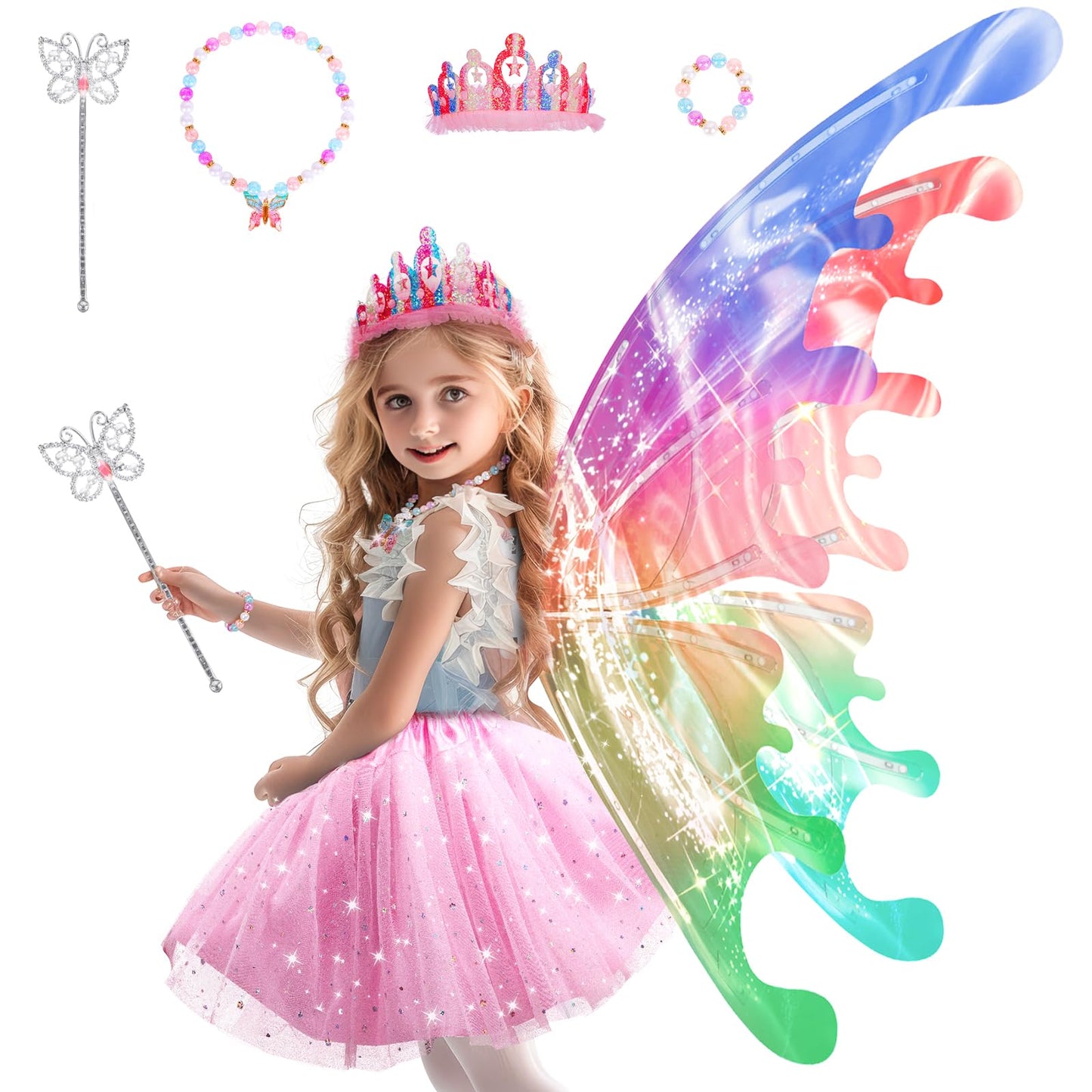 Princess Dress Up Costume With Electric Fairy Wings For Girls, Light Up Moving Butterfly Wings With Led Lights&Music, Princess C