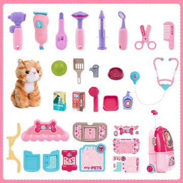 Magic4U Pet Cat Care Carrier Suitcase Toy, 29Pcs Vet Clinic And Doctor Kit For Kids, Pet Kitty Grooming Feeding Toys, Veterinari
