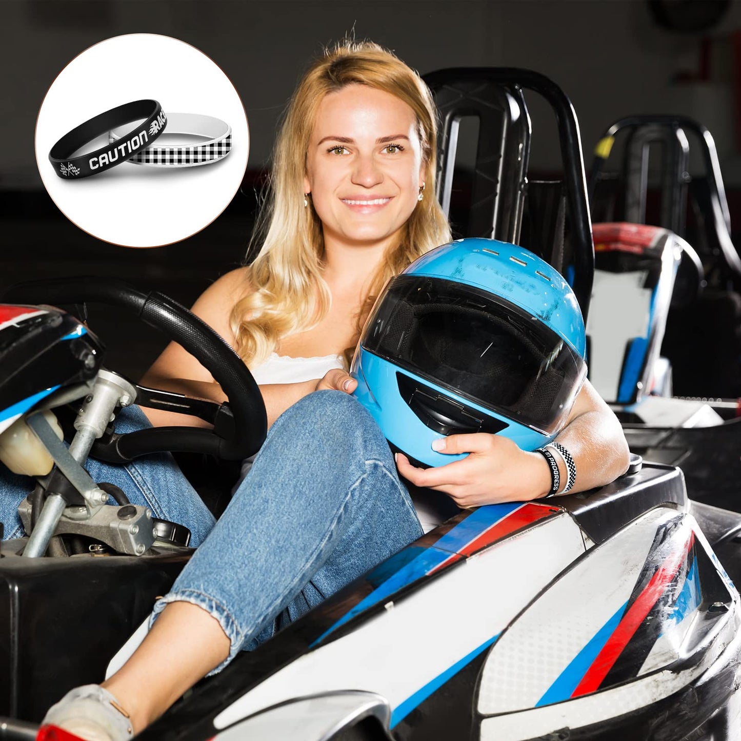 Zhanmai 50 Pcs Racing Flag Rubber Bracelets for Race Car 2.56 Inch Checkered Flag Wristbands Race Car Party Favors for Adults Sp